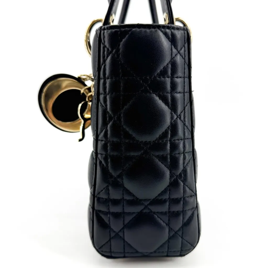 Dior Mini Lady Dior Bag Cannage Lambskin Black Gold Hardware Black Leather Very good - Model View