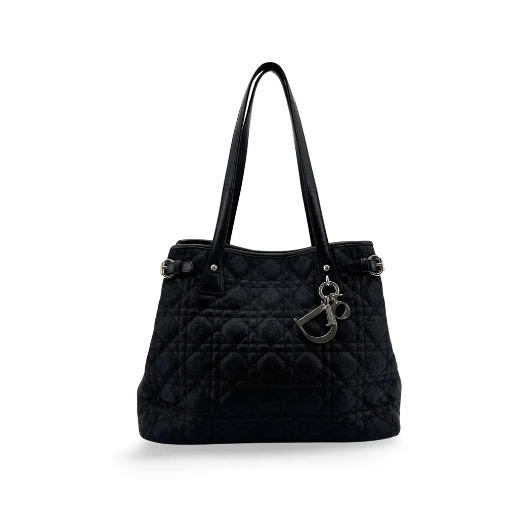 Dior Cannage Canvas Tote Bag Black Black Canvas Good - Front View