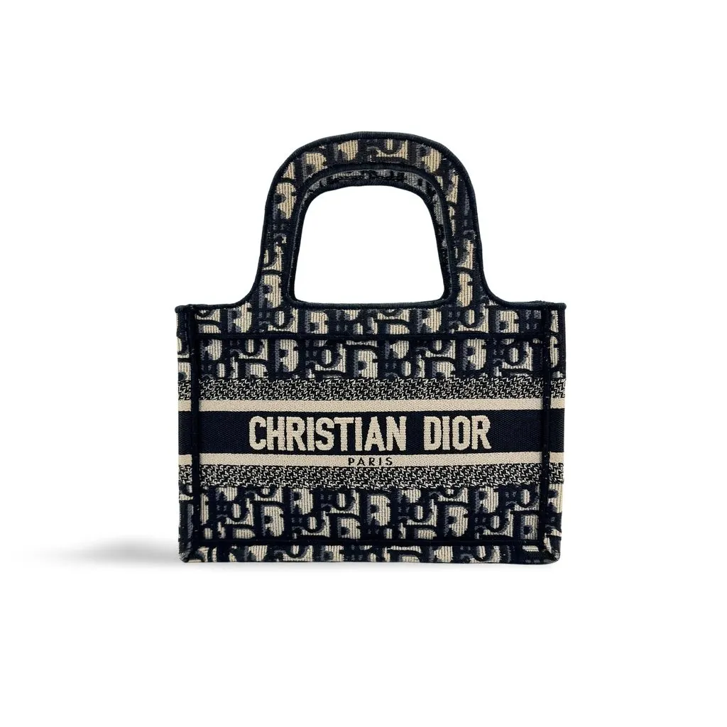 Dior Mini Book Tote Blue Dior Oblique Embroidery Beige Canvas Good - Front View