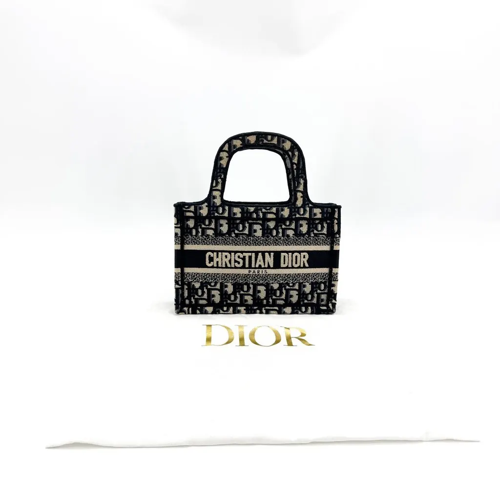 Dior Mini Book Tote Blue Dior Oblique Embroidery Beige Canvas Good - Back View