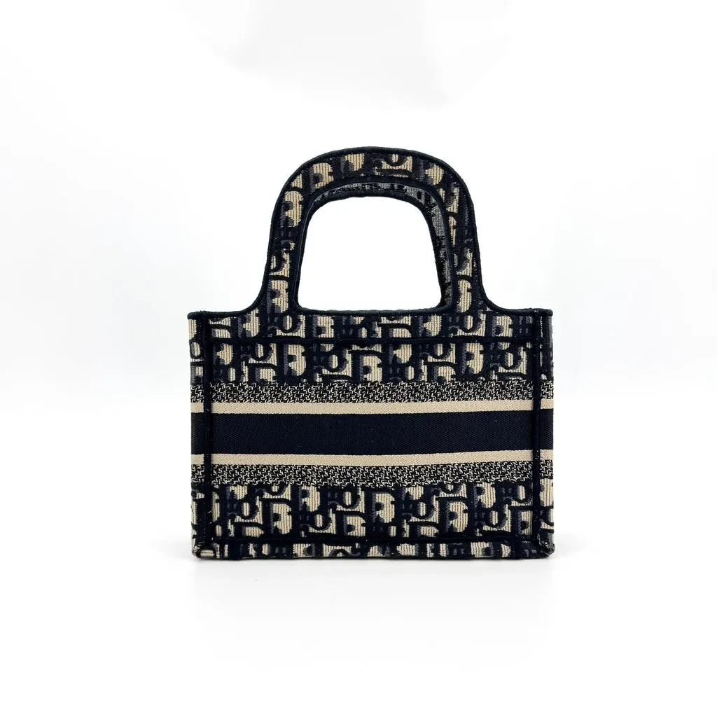 Dior Mini Book Tote Blue Dior Oblique Embroidery Beige Canvas Good - Inside View