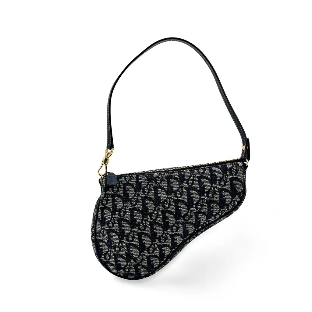 Dior Saddle Oblique Pouch Navy Beige Canvas Fair - Front View