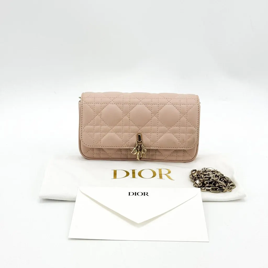 Dior Lady Dior Cannage Pouch Powder Pink Beige Leather Good - Back View