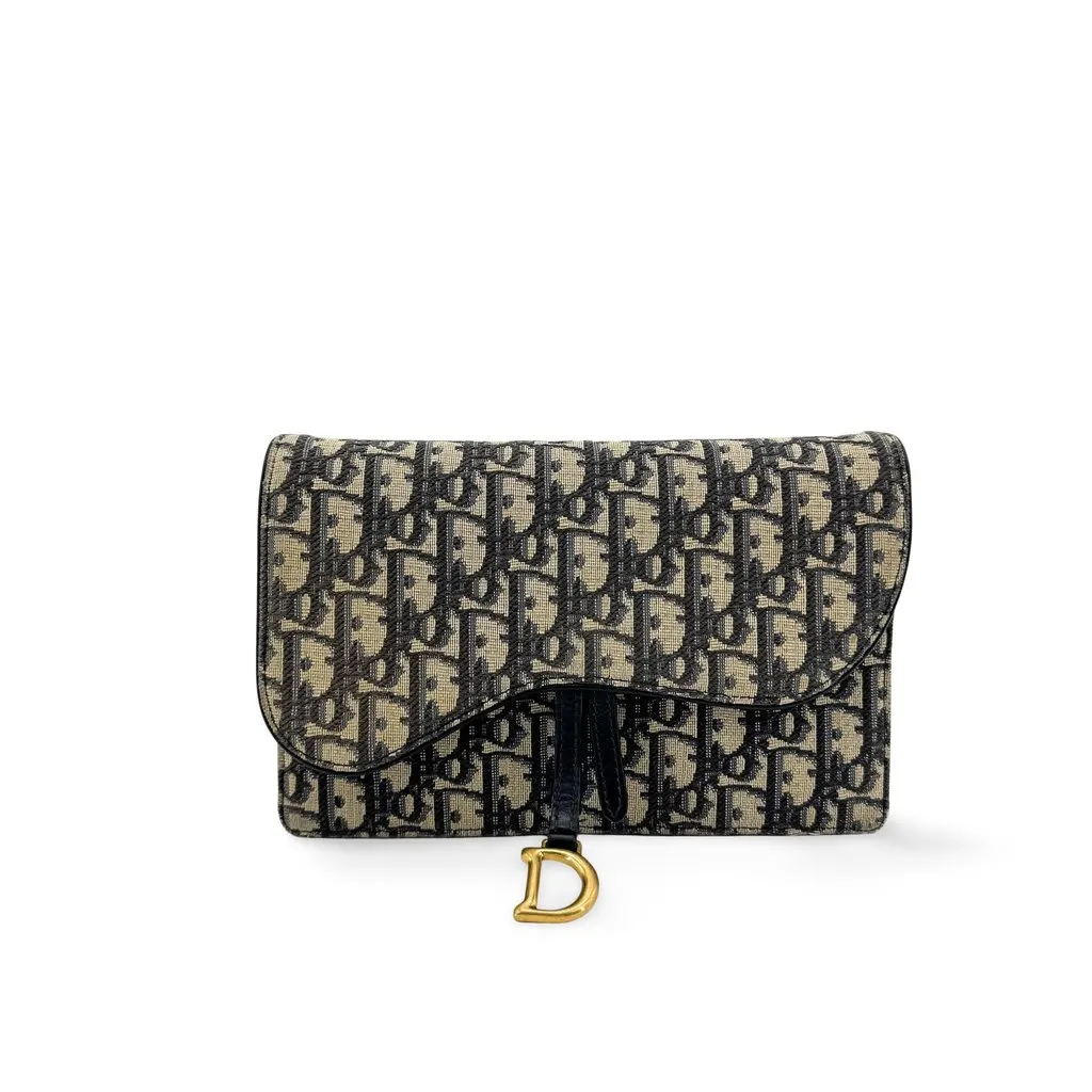 Dior Saddle Slim Pouch Blue Oblique Jacquard Beige Jacquard Good - Front View