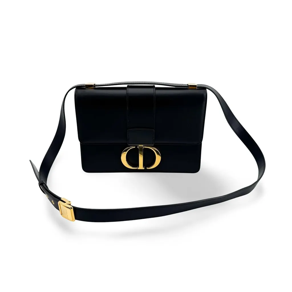 Dior 30 Montaigne Box Calfskin Shoulder Bag Black Gold Hardware Black Leather Very good - Front View
