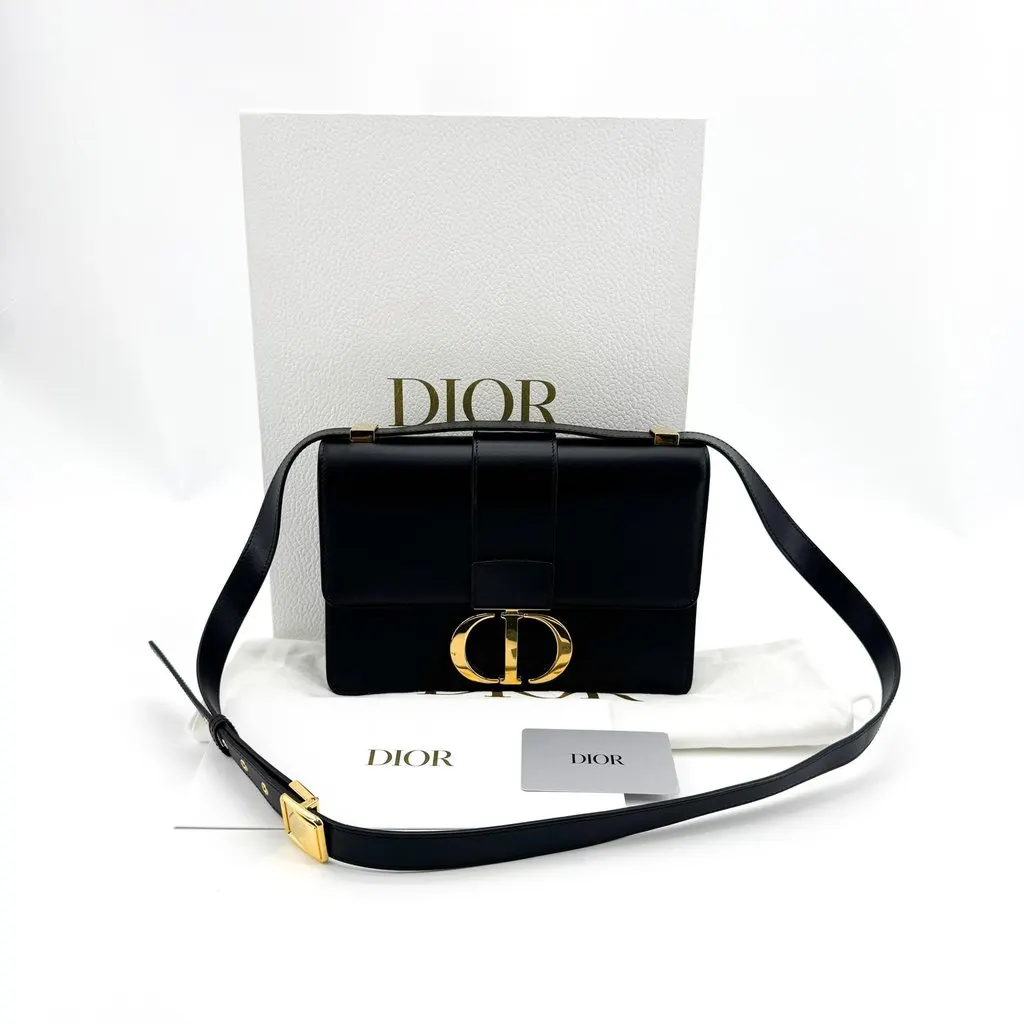 Dior 30 Montaigne Box Calfskin Shoulder Bag Black Gold Hardware Black Leather Very good - Back View