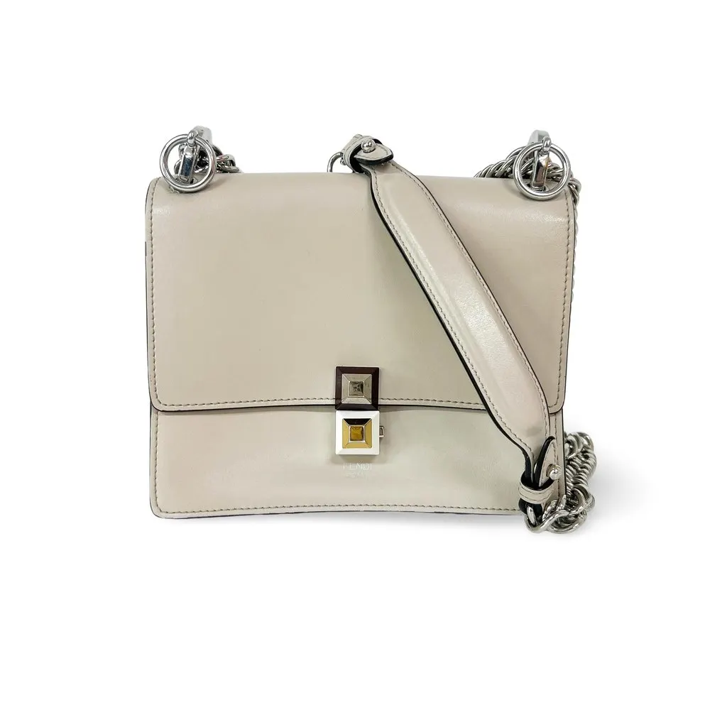 Fendi Khan Eye Small Shoulder Bag Beige Ecru Leather Good - Front View