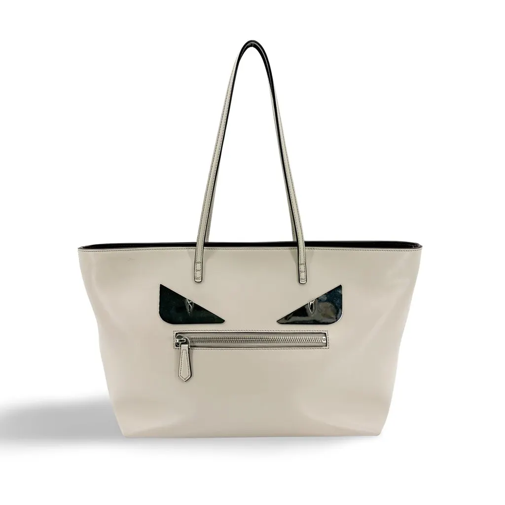 Fendi Monster Eyes Roll Tote Bag Ivory Silver Leather Good - Front View
