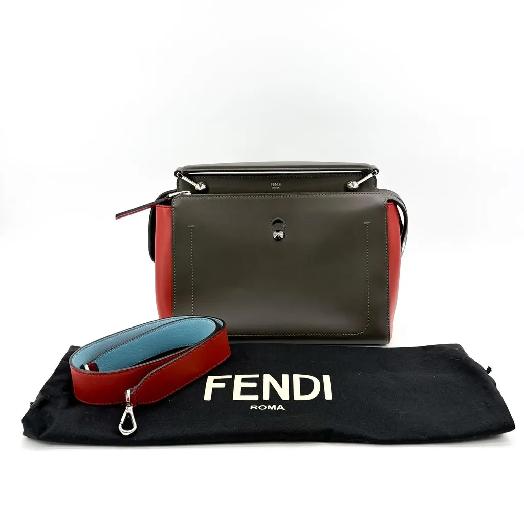 Fendi Dotcom Click Small Shoulder Bag Dark Gray Red Red Leather Good - Back View