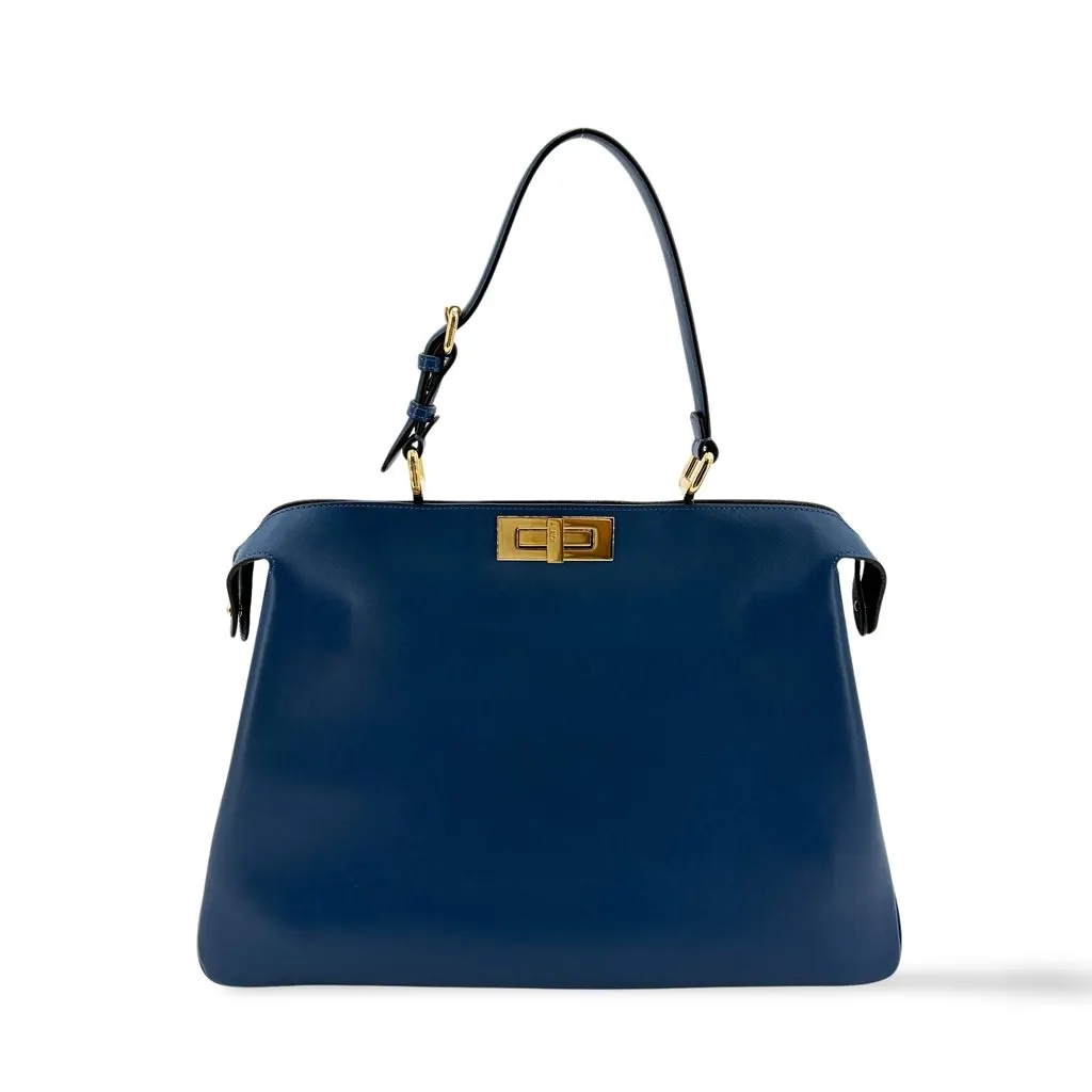 Fendi Peekaboo Essentials Large Blue Calfskin Gold Hardware Blue Leather Good - Front View