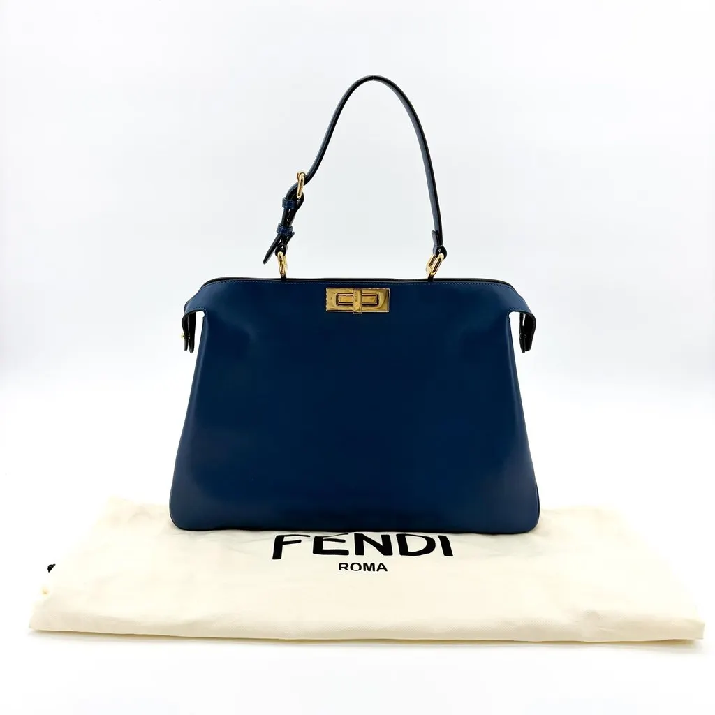 Fendi Peekaboo Essentials Large Blue Calfskin Gold Hardware Blue Leather Good - Back View
