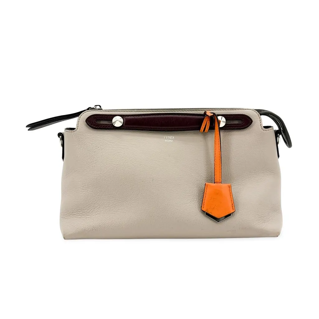Fendi By The Way Medium Boston Bag Greige Burgundy Orange Beige Leather Good - Front View