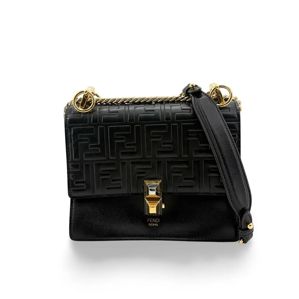 Fendi FF Embossed Khan Yu Medium Shoulder Bag Black Gold Hardware Black Leather Good - Front View
