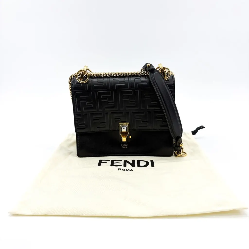 Fendi FF Embossed Khan Yu Medium Shoulder Bag Black Gold Hardware Black Leather Good - Back View