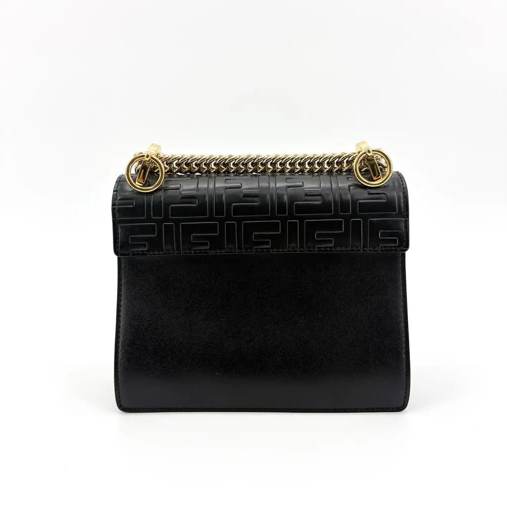 Fendi FF Embossed Khan Yu Medium Shoulder Bag Black Gold Hardware Black Leather Good - Inside View
