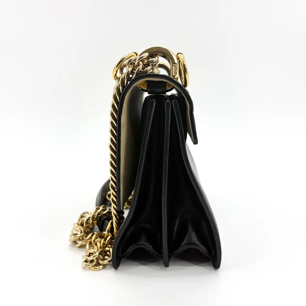 Fendi FF Embossed Khan Yu Medium Shoulder Bag Black Gold Hardware Black Leather Good - Model View