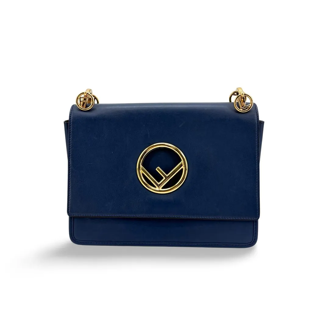 Fendi Kan I F Shoulder Bag Navy Gold Hardware Gold Leather Good - Front View