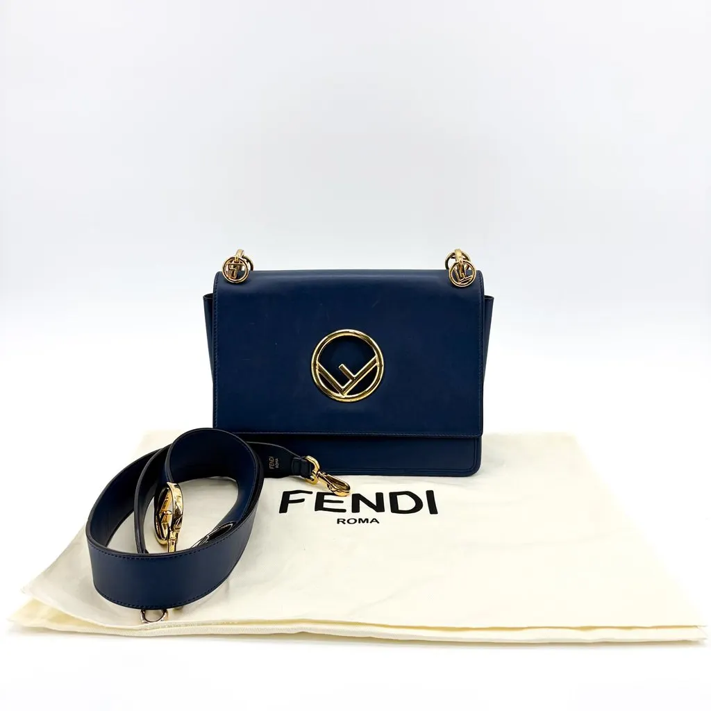 Fendi Kan I F Shoulder Bag Navy Gold Hardware Gold Leather Good - Back View