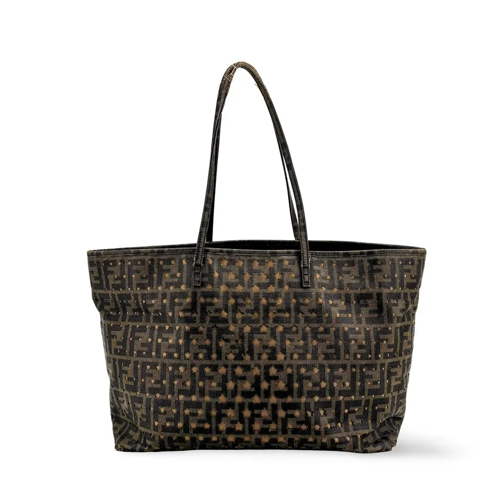 Fendi Star Zucca Perforated Canvas Shoulder Tote Bag Brown Black Black Canvas Good - Front View