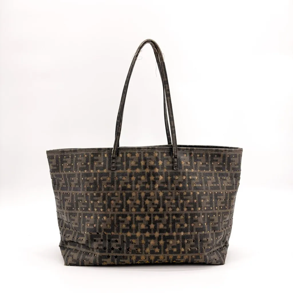 Fendi Star Zucca Perforated Canvas Shoulder Tote Bag Brown Black Black Canvas Good - Back View