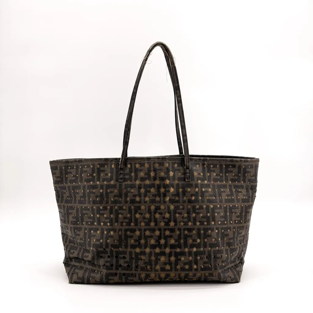 Fendi Star Zucca Perforated Canvas Shoulder Tote Bag Brown Black Black Canvas Good - Inside View