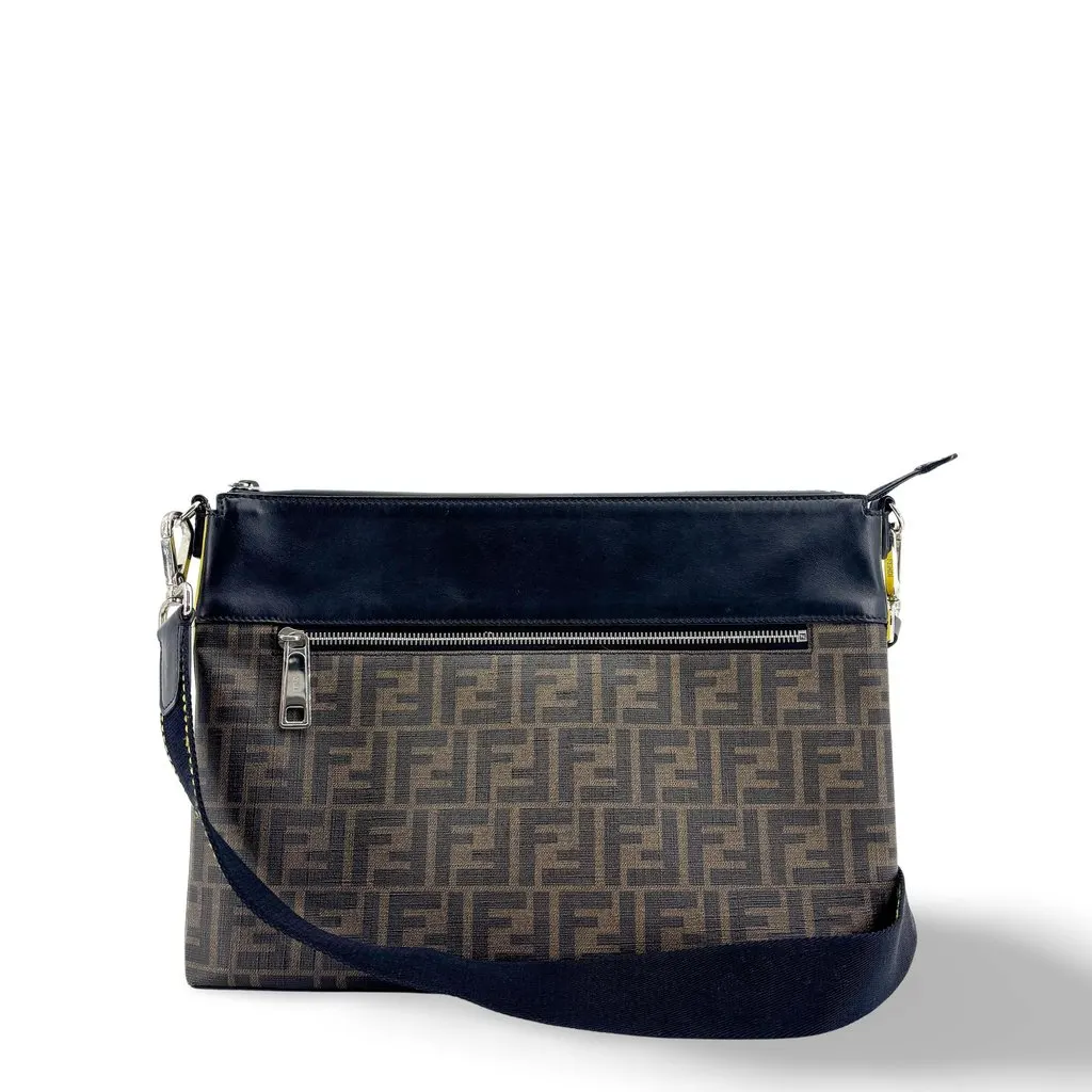 Fendi FF Zucca Canvas Leather Flat Messenger Bag Black Brown Black Canvas Good - Front View
