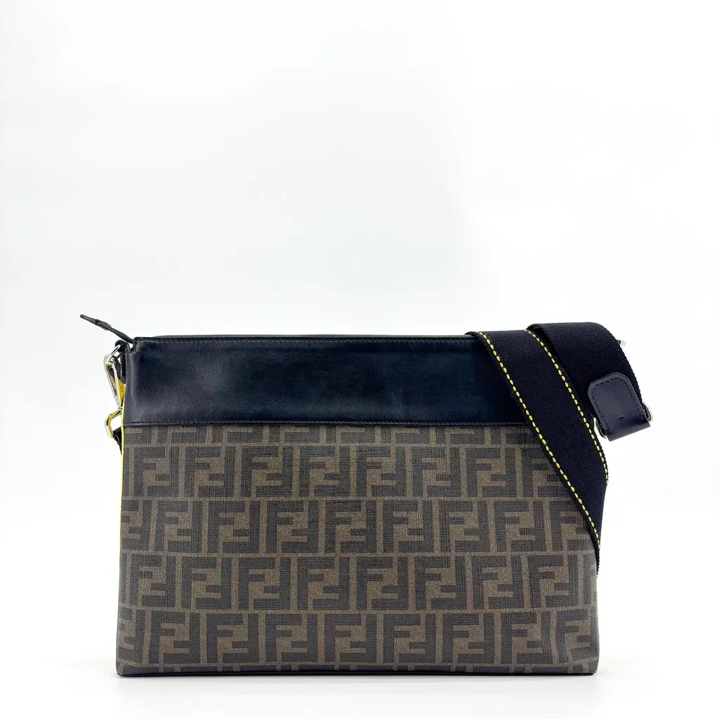 Fendi FF Zucca Canvas Leather Flat Messenger Bag Black Brown Black Canvas Good - Back View