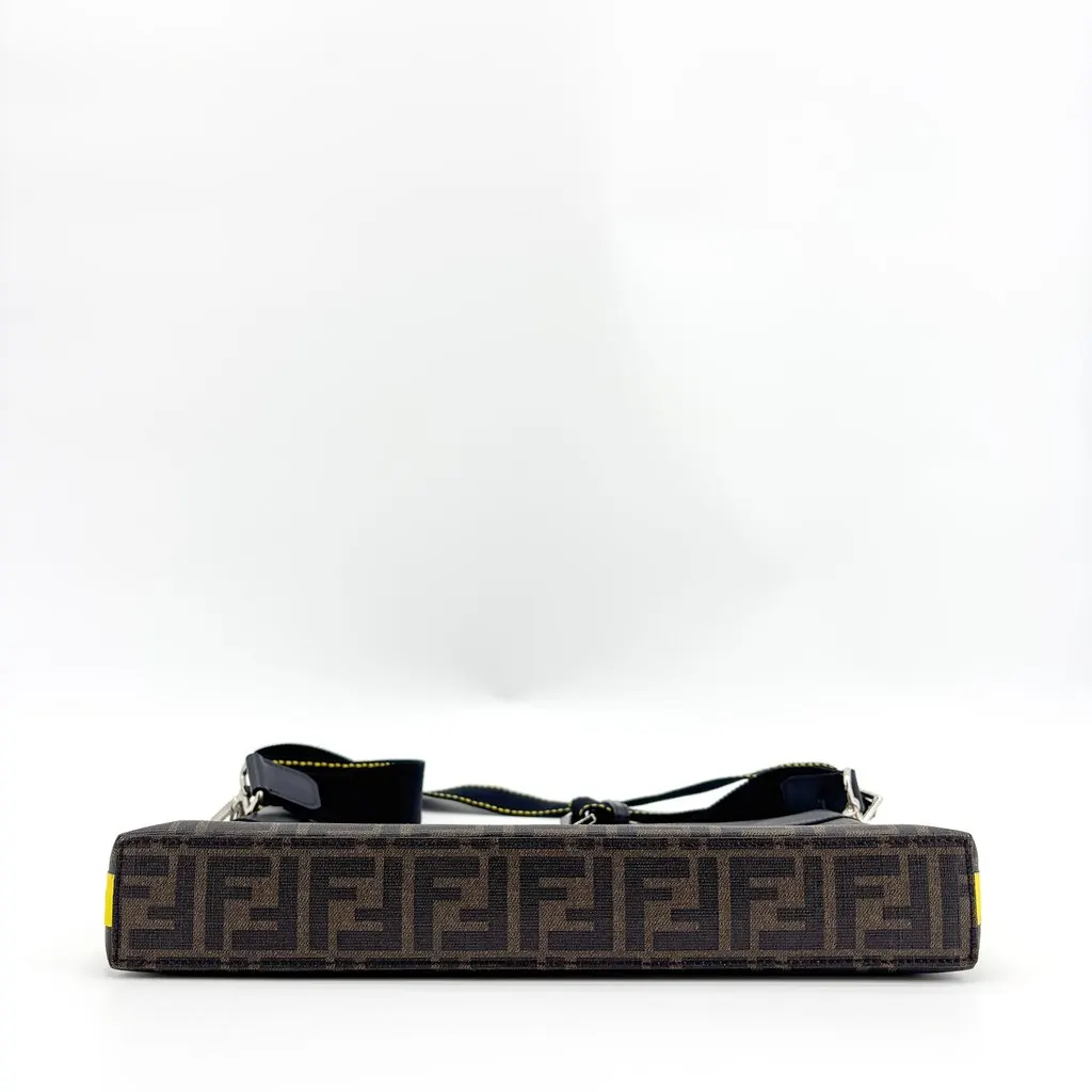 Fendi FF Zucca Canvas Leather Flat Messenger Bag Black Brown Black Canvas Good - Box View