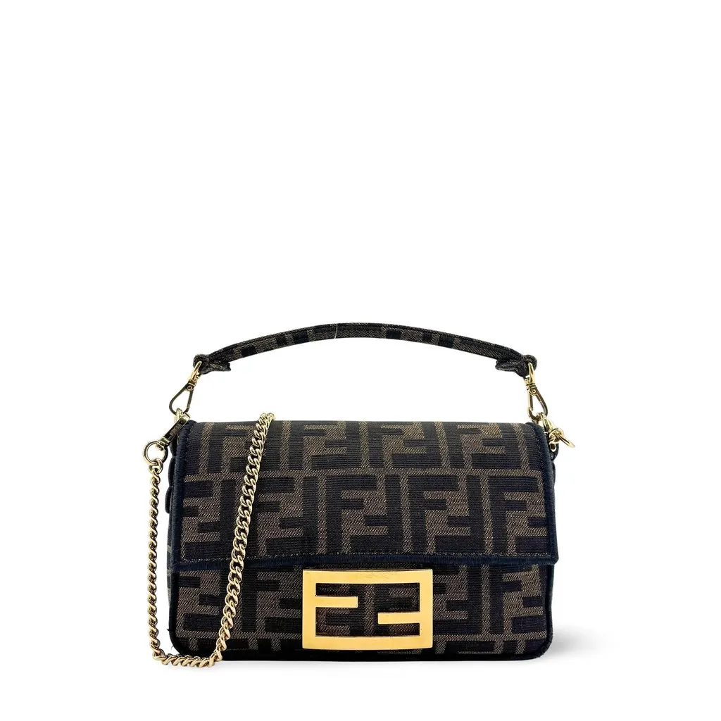 Fendi Mini Baguette FF Jacquard Shoulder Bag Brown Black Leather Very good - Front View