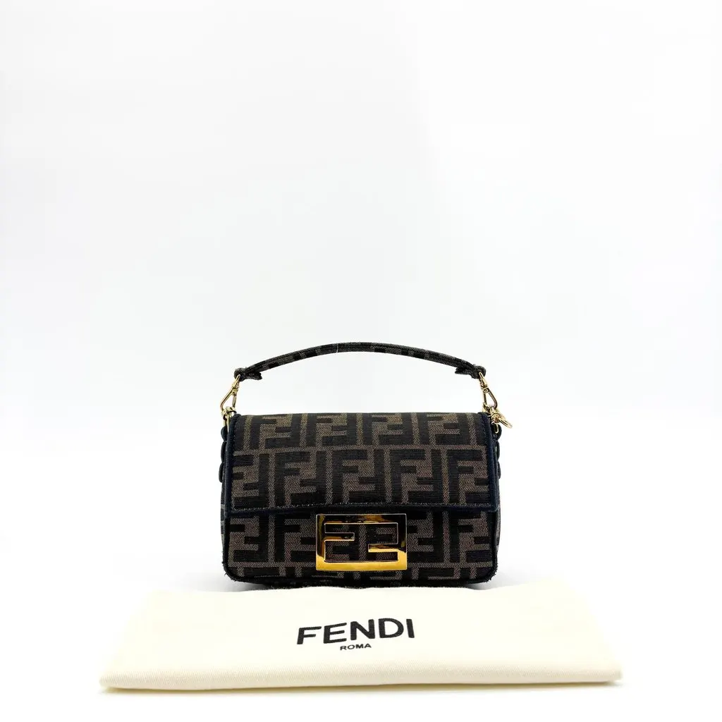 Fendi Mini Baguette FF Jacquard Shoulder Bag Brown Black Leather Very good - Back View
