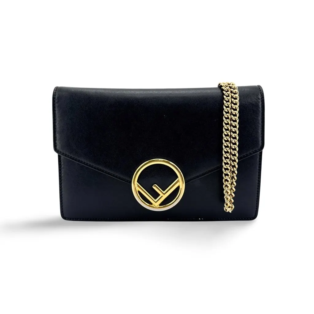 Fendi F Is Fendi Chain Wallet Black Gold Black Leather Good - Front View