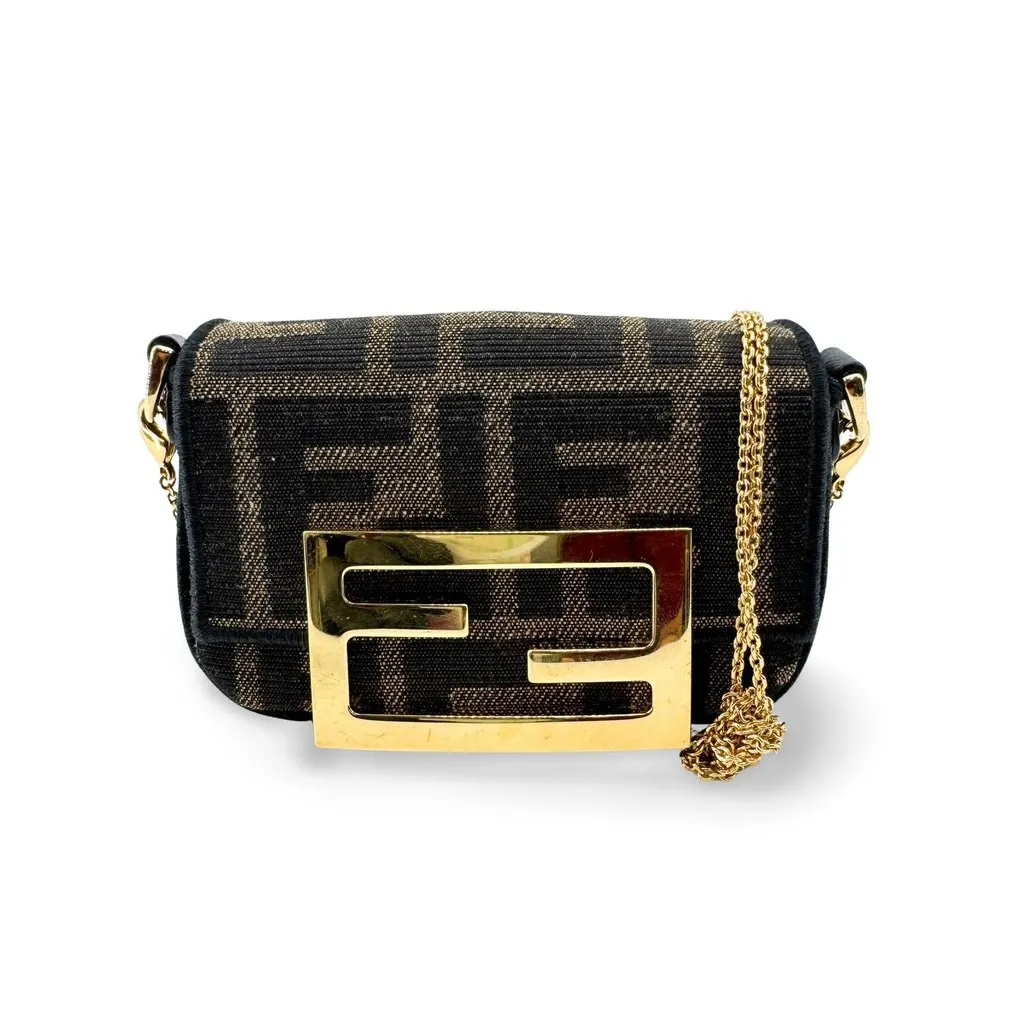 Fendi Nano Baguette Chain FF Jacquard Bag Black Gold Black Canvas Very good - Front View