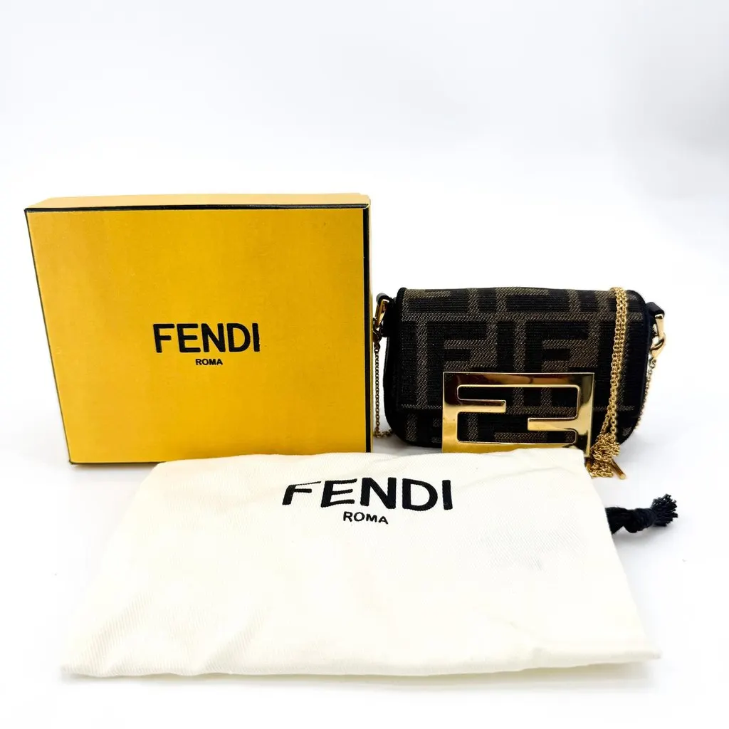 Fendi Nano Baguette Chain FF Jacquard Bag Black Gold Black Canvas Very good - Back View