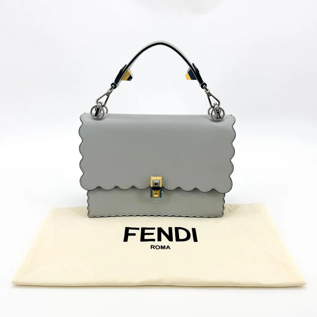 Fendi Medium Kan I Scalloped Shoulder Bag Light Gray Blue Leather Good - Back View