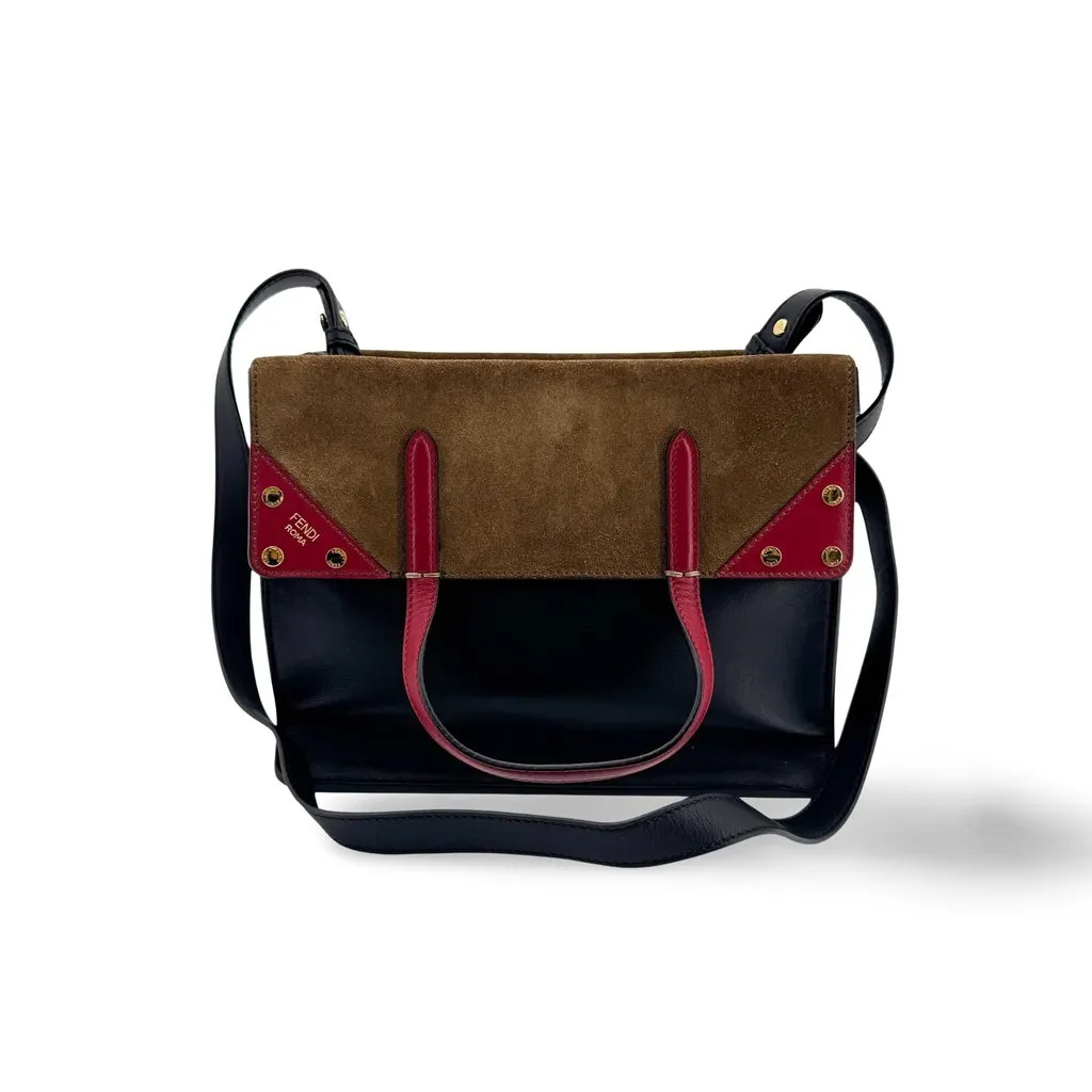 Fendi Flip Small Shoulder Bag Black Brown Red Black Leather Good - Front View