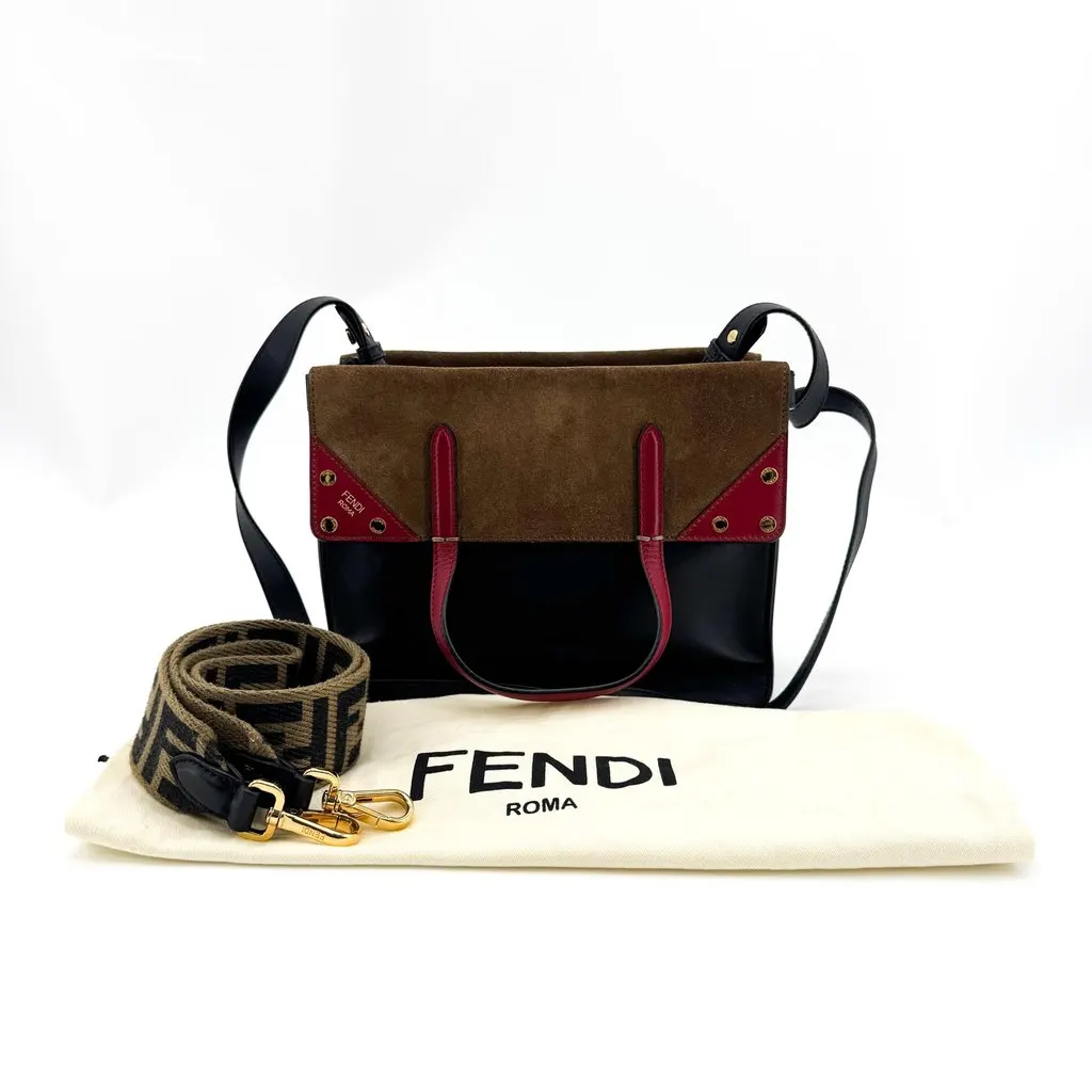 Fendi Flip Small Shoulder Bag Black Brown Red Black Leather Good - Back View