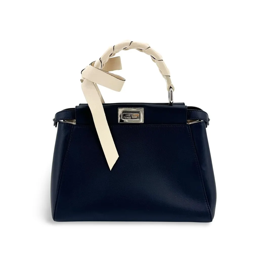 Fendi Peekaboo Mini Navy Leather Braided Ribbon Handle Bag Navy Leather Very good - Front View