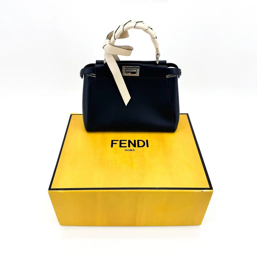 Fendi Peekaboo Mini Navy Leather Braided Ribbon Handle Bag Navy Leather Very good - Back View