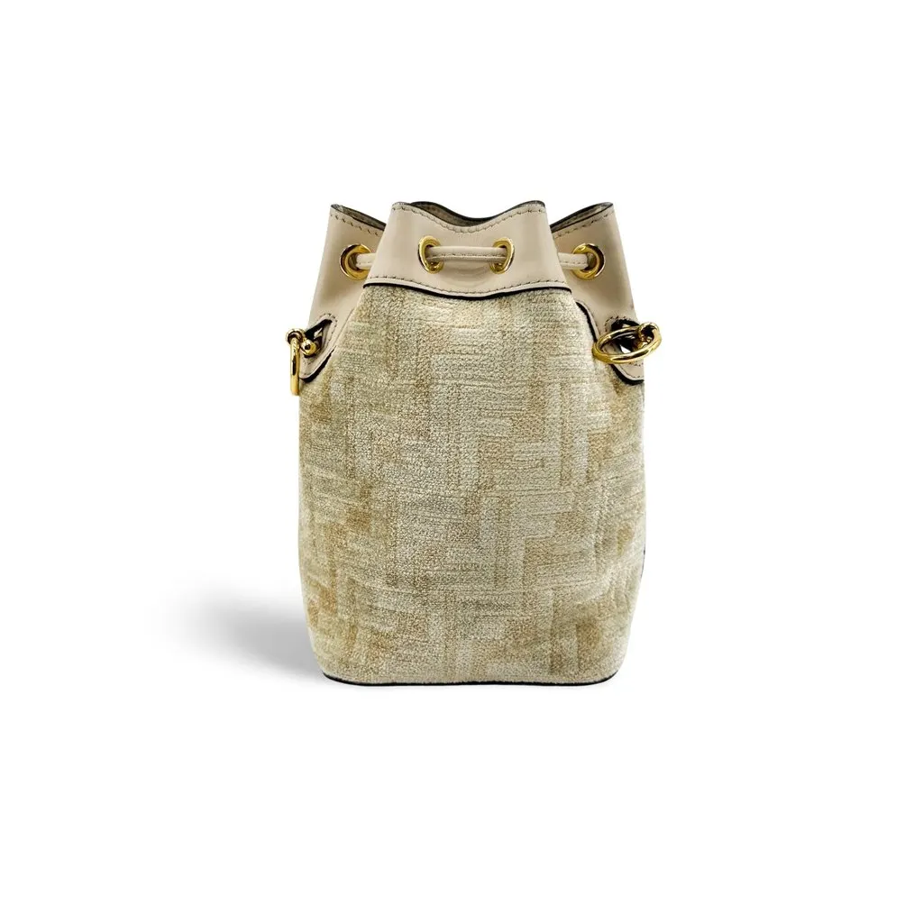 Fendi Mon Tresor Mini Beige Chenille FF Bucket Bag Beige Leather Good - Front View