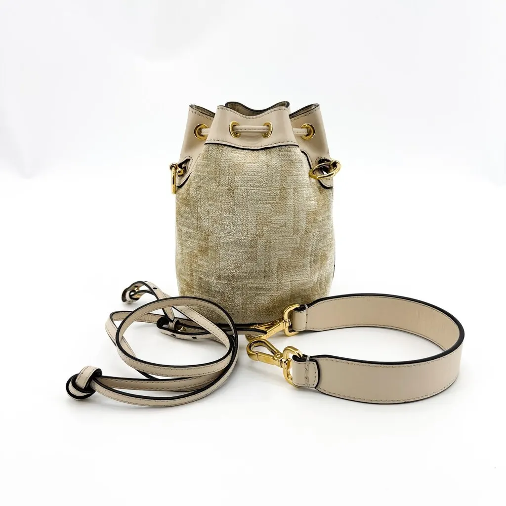 Fendi Mon Tresor Mini Beige Chenille FF Bucket Bag Beige Leather Good - Back View