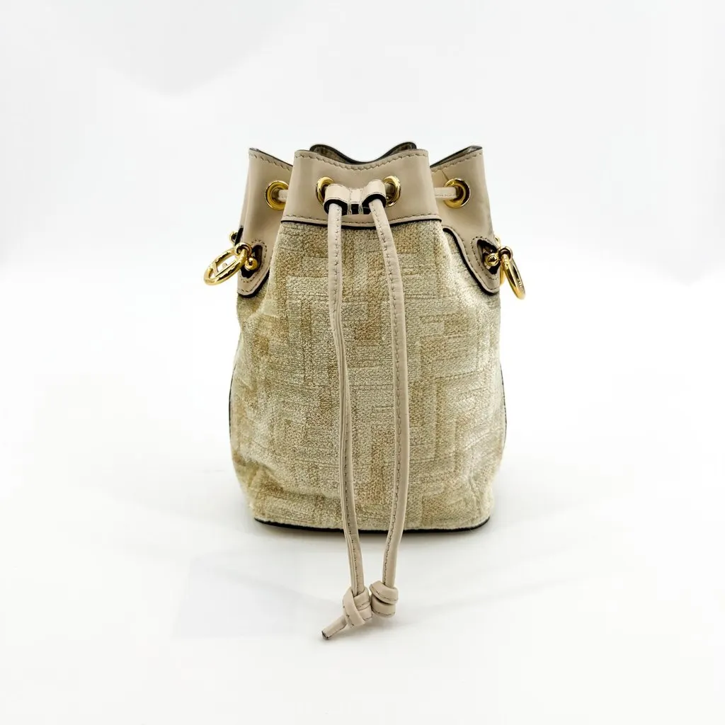 Fendi Mon Tresor Mini Beige Chenille FF Bucket Bag Beige Leather Good - Inside View