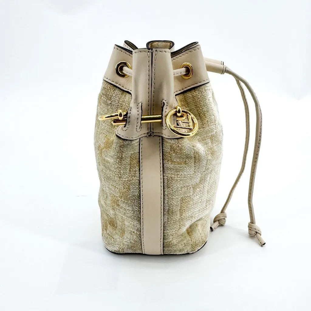 Fendi Mon Tresor Mini Beige Chenille FF Bucket Bag Beige Leather Good - Model View