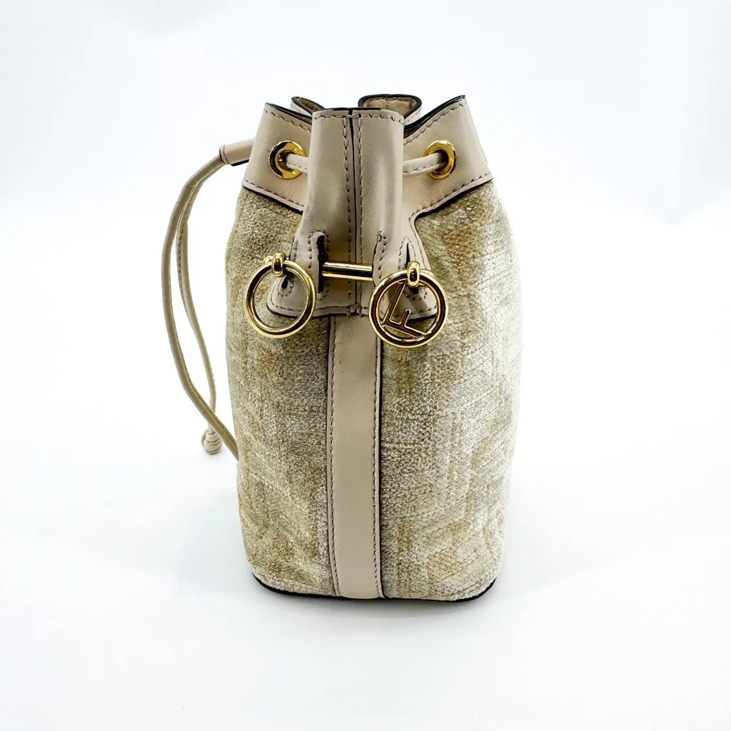 Fendi Mon Tresor Mini Beige Chenille FF Bucket Bag Beige Leather Good - Box View
