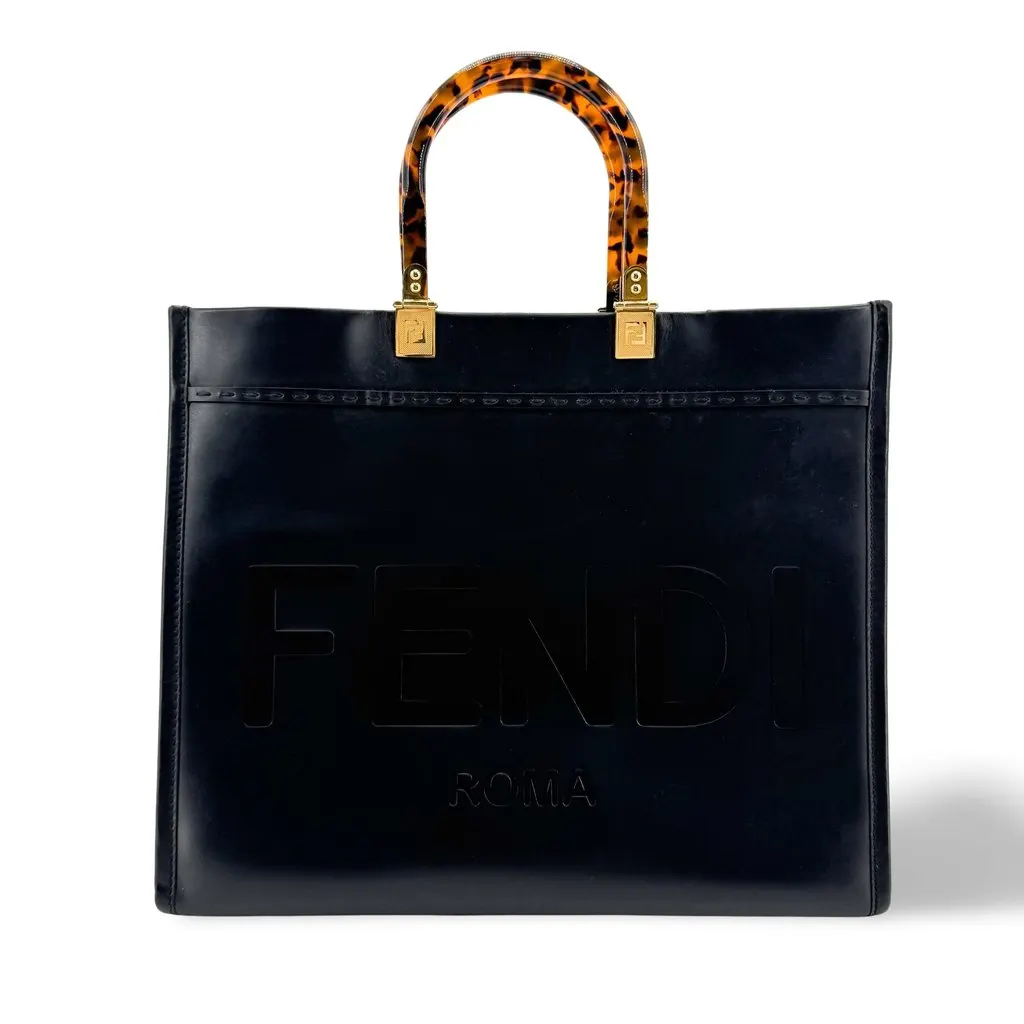 Fendi Sunshine Shopper Medium Black Black Leather Good - Front View