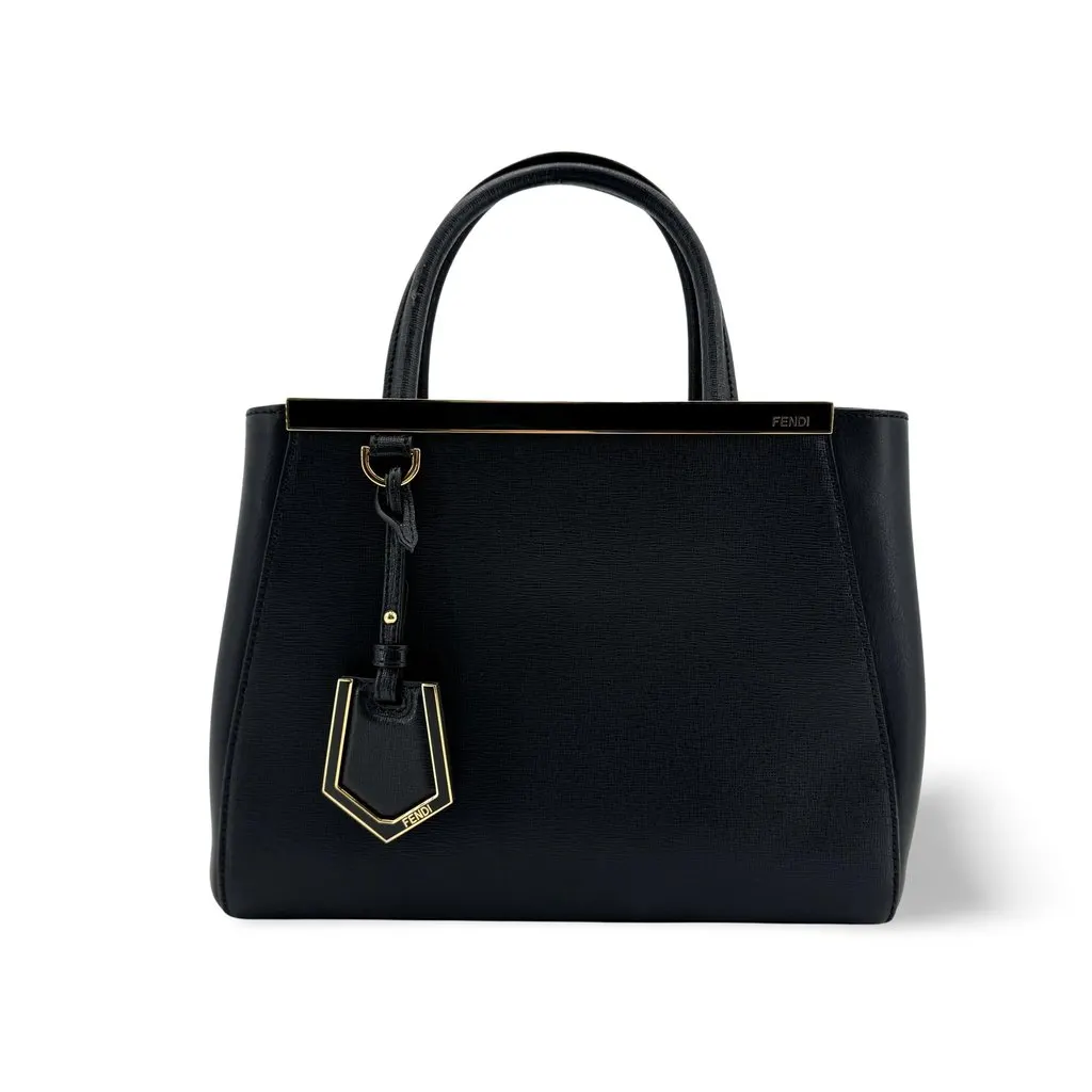 Fendi Petite 2Jours Tote Bag Black Gold Black Leather Good - Front View