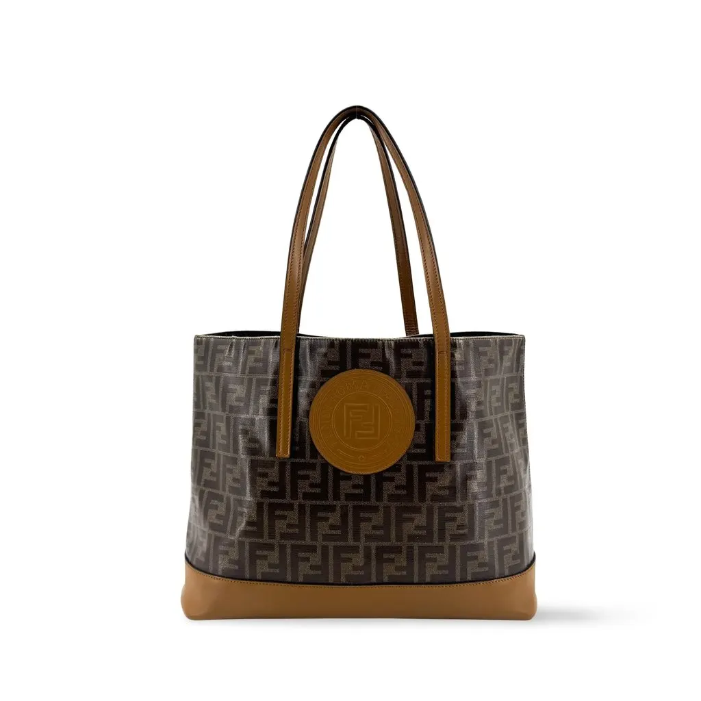 Fendi FF Zucca Logo Patch Tote Bag Brown Brown Canvas Good - Front View