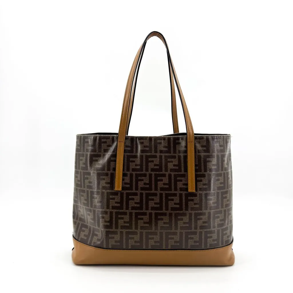 Fendi FF Zucca Logo Patch Tote Bag Brown Brown Canvas Good - Back View