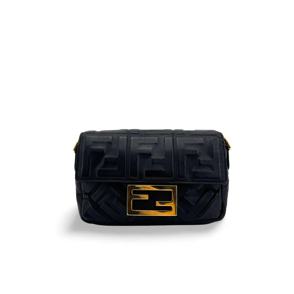 Fendi Mini Baguette Embossed FF Leather Bag Black Gold Black Leather Good - Front View