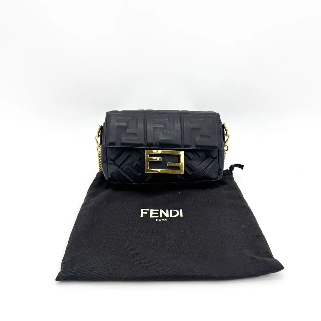 Fendi Mini Baguette Embossed FF Leather Bag Black Gold Black Leather Good - Back View