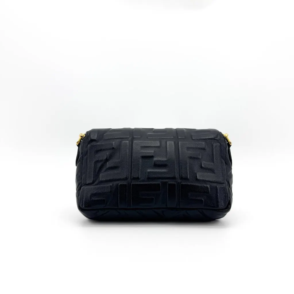 Fendi Mini Baguette Embossed FF Leather Bag Black Gold Black Leather Good - Inside View